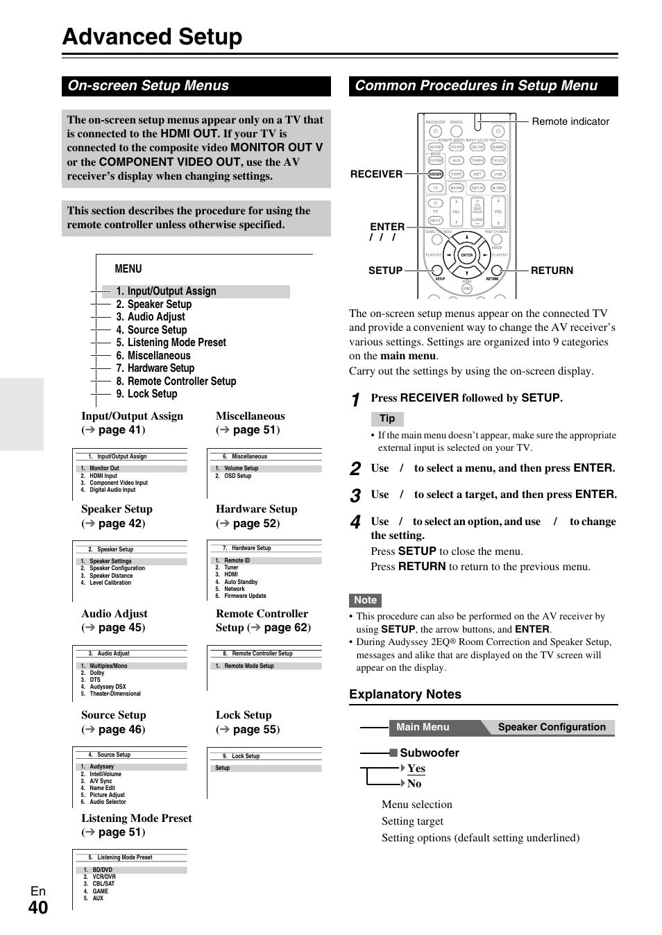 Advanced operations, Advanced setup, On-screen setup menus | Common procedures in setup menu, On (40, N (40, Advanced setup” f | Onkyo 7.2-Channel Network Audio/Video Receiver HT-RC360 User Manual | Page 40 / 84