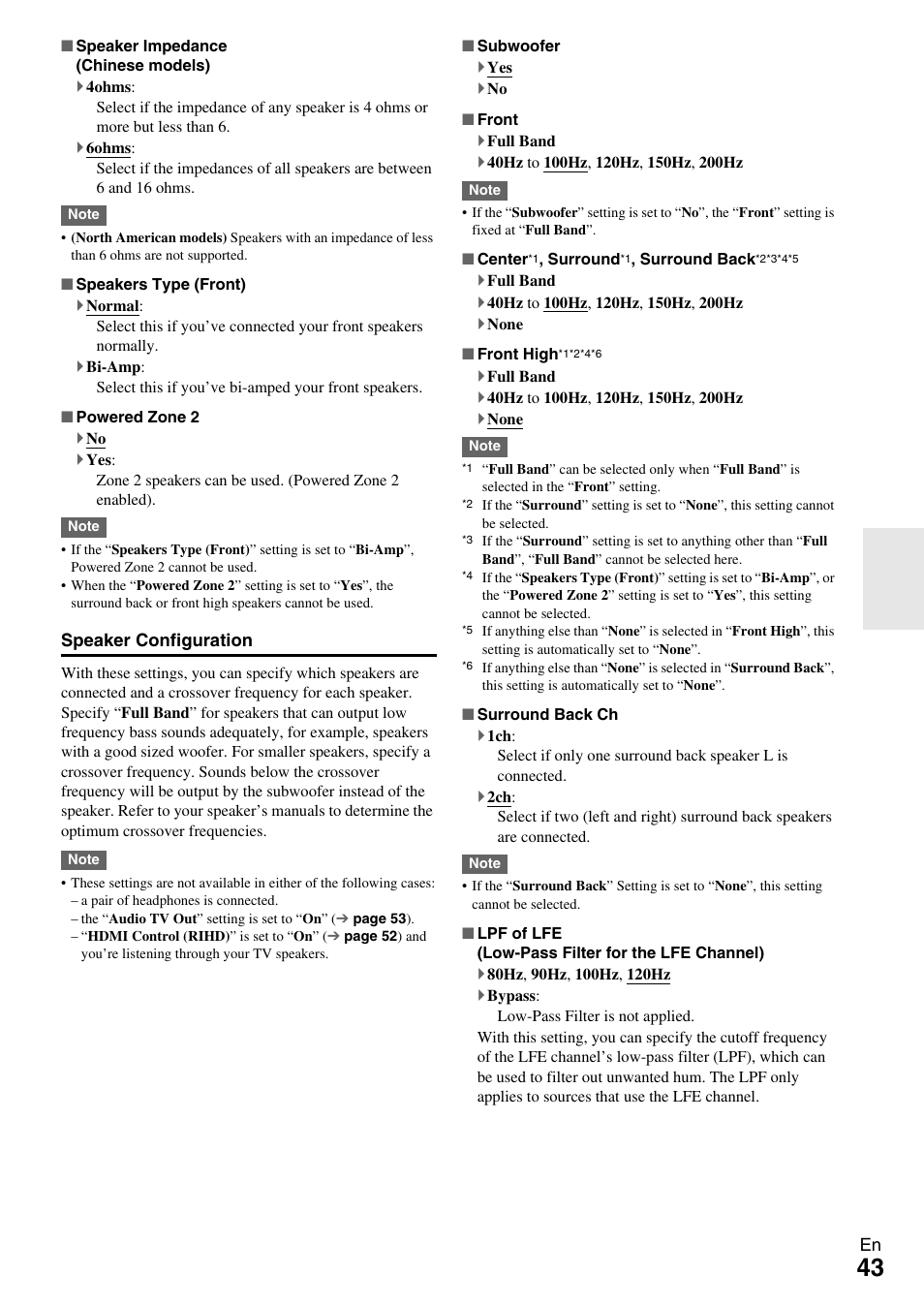 Ected in the “speaker configuration” menu, Speaker configuration” for, Speaker configuration | E “speaker configuration” for the | Onkyo 7.2-Channel Network Audio/Video Receiver HT-RC360 User Manual | Page 43 / 84