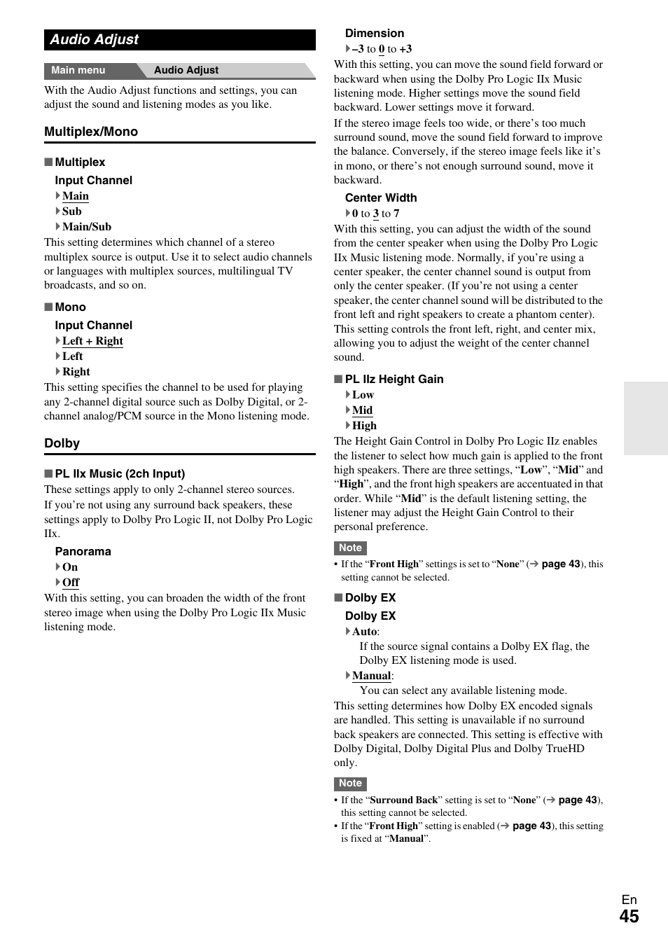 Audio adjust | Onkyo 7.2-Channel Network Audio/Video Receiver HT-RC360 User Manual | Page 45 / 84