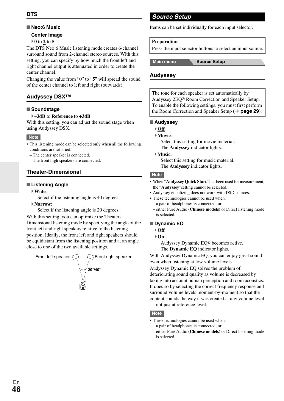 Source setup, Cator, Audyssey | The menu will display the “audyssey, Dynamic eq | Onkyo 7.2-Channel Network Audio/Video Receiver HT-RC360 User Manual | Page 46 / 84