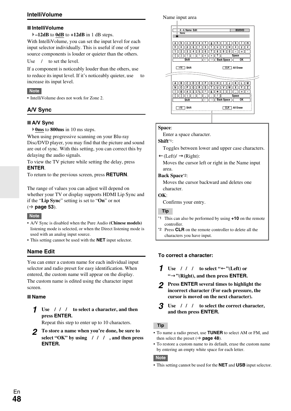 En intellivolume, A/v sync, Name edit | Onkyo 7.2-Channel Network Audio/Video Receiver HT-RC360 User Manual | Page 48 / 84