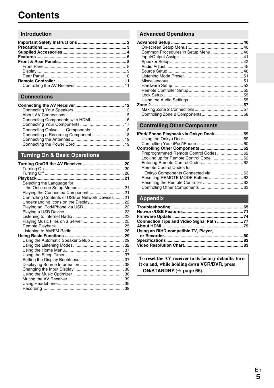 Onkyo 7.2-Channel Network Audio/Video Receiver HT-RC360 User Manual | Page 5 / 84