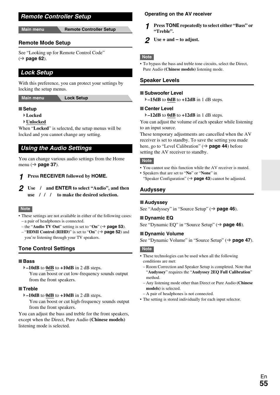 Remote controller setup, Lock setup, Using the audio settings | Ons (55 | Onkyo 7.2-Channel Network Audio/Video Receiver HT-RC360 User Manual | Page 55 / 84