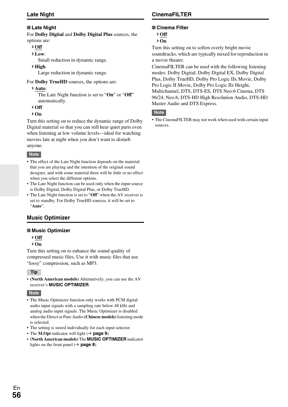 Music optimizer | Onkyo 7.2-Channel Network Audio/Video Receiver HT-RC360 User Manual | Page 56 / 84