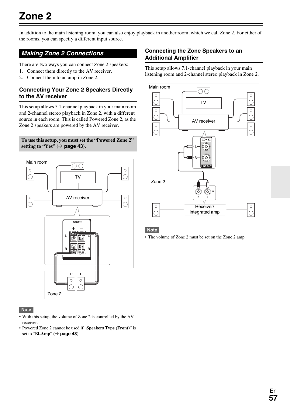 Zone 2, Making zone 2 connections | Onkyo 7.2-Channel Network Audio/Video Receiver HT-RC360 User Manual | Page 57 / 84