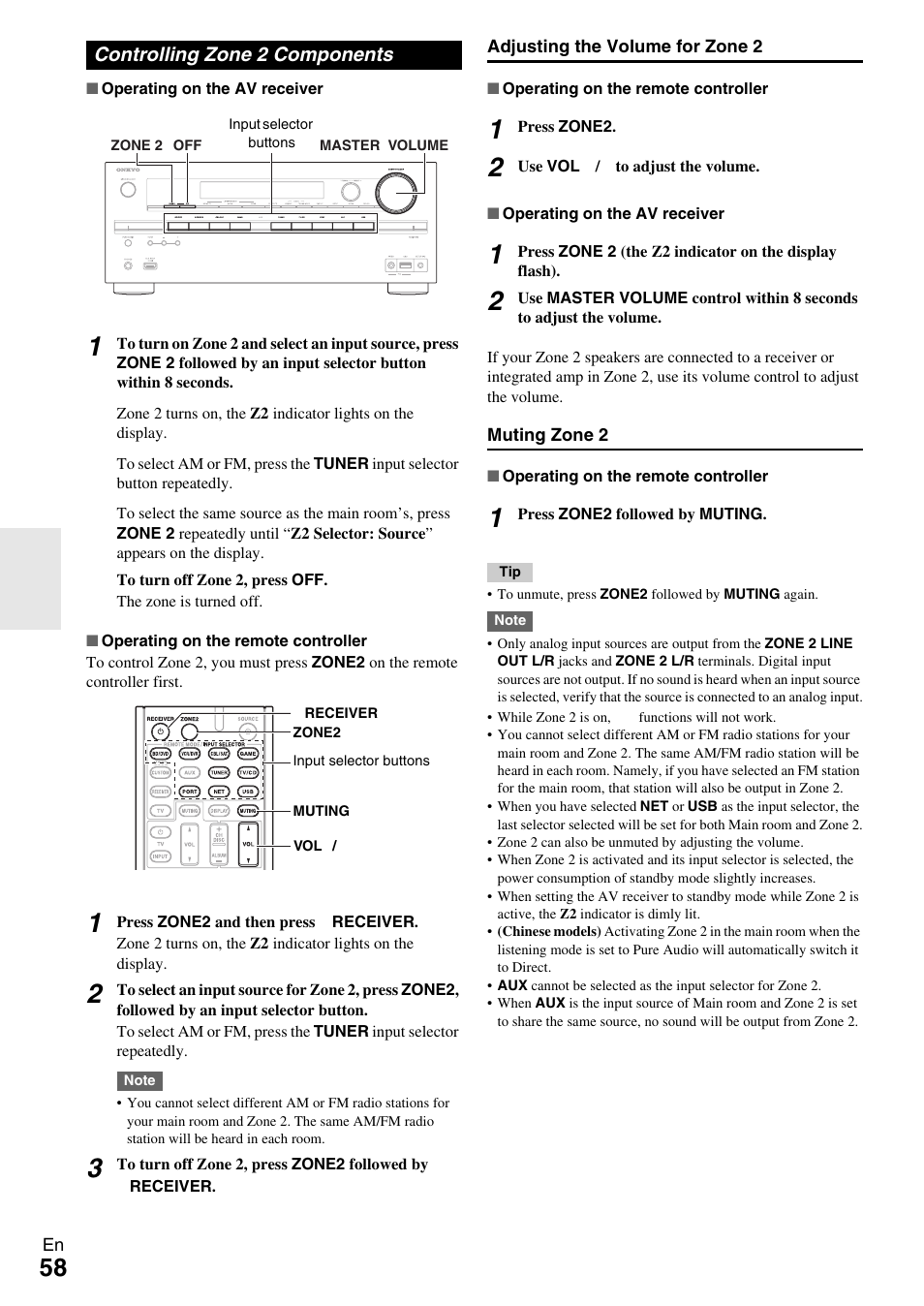 Controlling zone 2 components | Onkyo 7.2-Channel Network Audio/Video Receiver HT-RC360 User Manual | Page 58 / 84