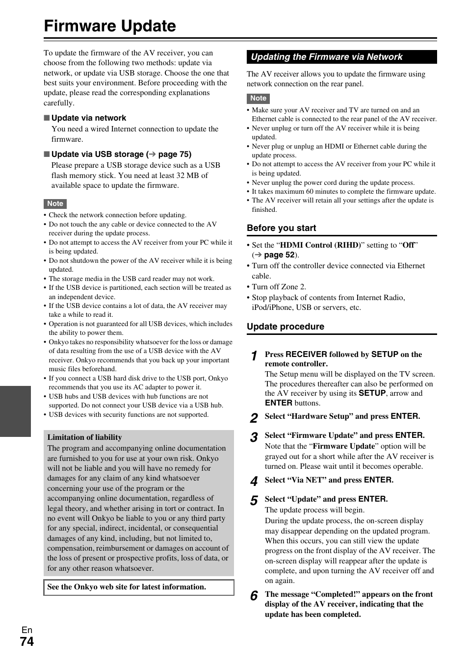 Firmware update, See “firmware update” for the | Onkyo 7.2-Channel Network Audio/Video Receiver HT-RC360 User Manual | Page 74 / 84
