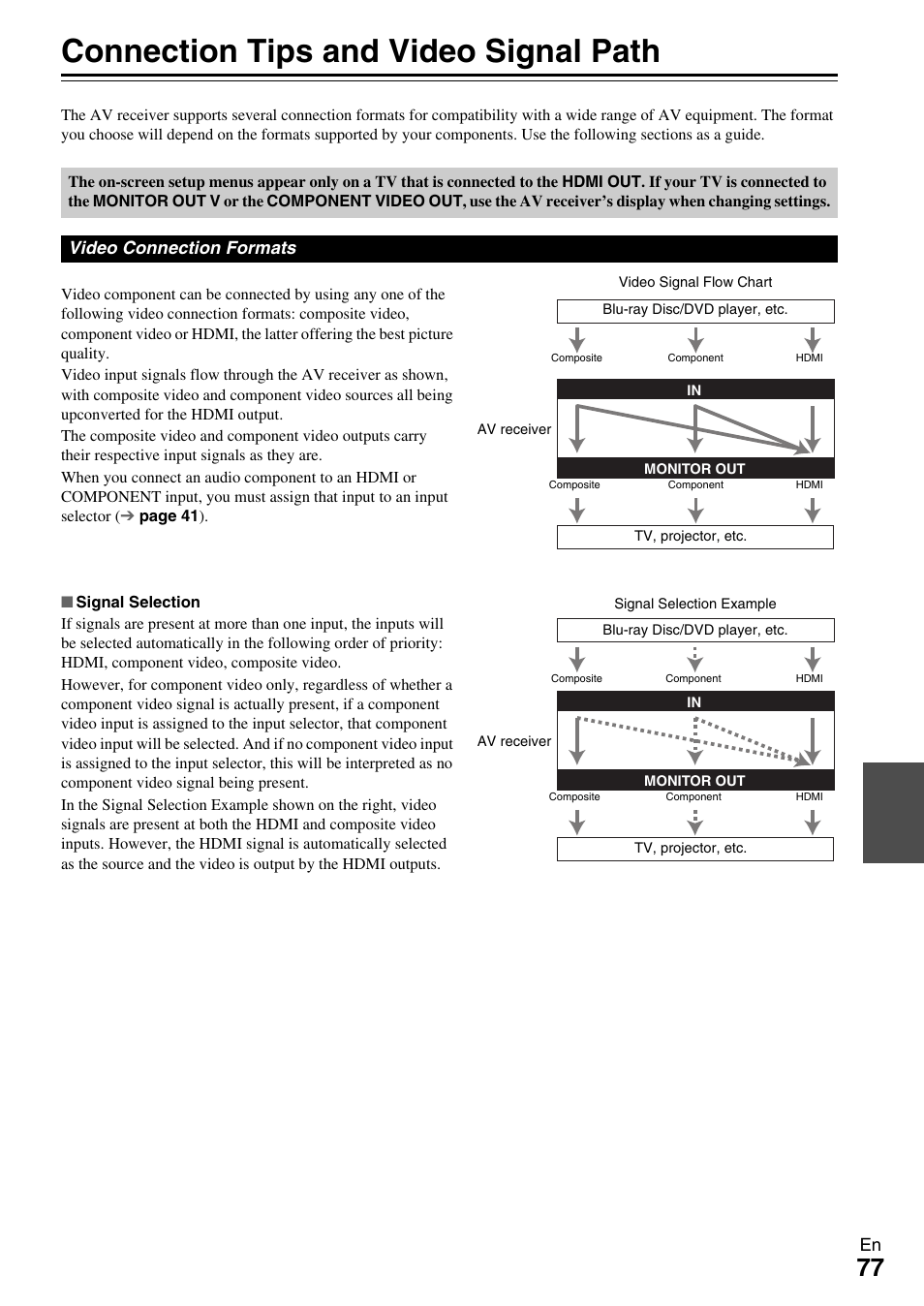 Connection tips and video signal path, E “video, Connection formats” for | Upconversion | Onkyo 7.2-Channel Network Audio/Video Receiver HT-RC360 User Manual | Page 77 / 84