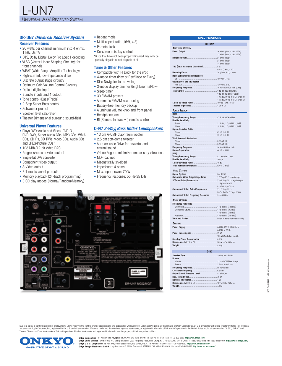 L-un7, A/v r, Dr-un7 universal receiver system | D-n7 2-way, bass reflex loudspeakers, Receiver features, Universal player features, Tuner & other features | Onkyo L-UN7 User Manual | Page 2 / 2