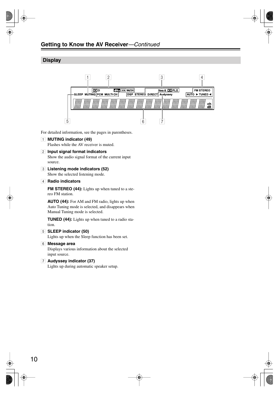 Display, Getting to know the av receiver —continued | Onkyo HT-SP904 User Manual | Page 10 / 72