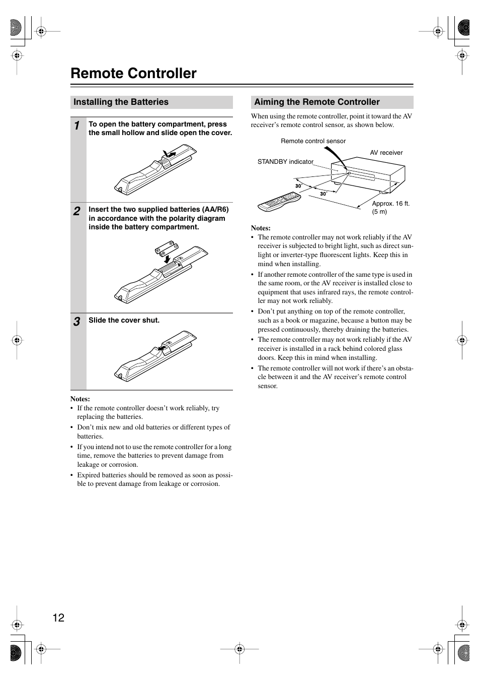 Remote controller, Installing the batteries, Aiming the remote controller | Ol sensor (12) | Onkyo HT-SP904 User Manual | Page 12 / 72