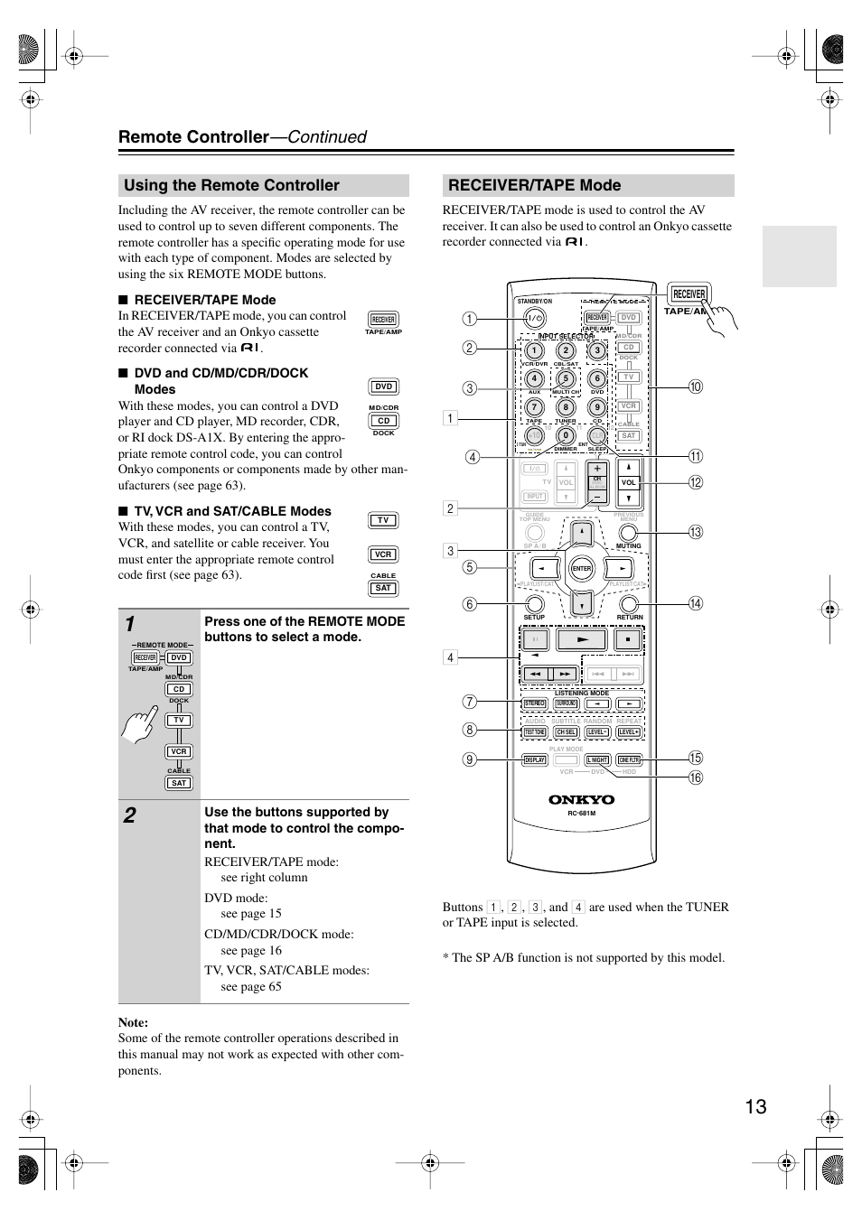 Using the remote controller, Receiver/tape mode, Remote controller —continued | Onkyo HT-SP904 User Manual | Page 13 / 72