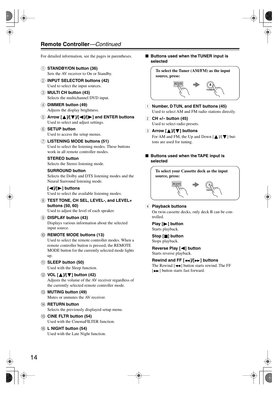 Remote controller —continued | Onkyo HT-SP904 User Manual | Page 14 / 72