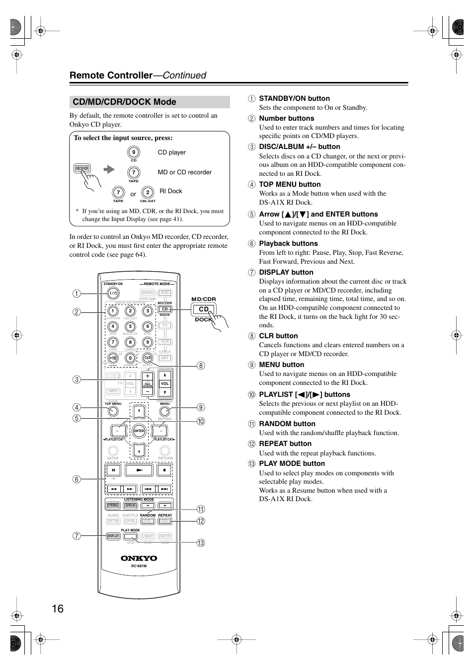 Cd/md/cdr/dock mode, Remote controller —continued, J4 5 | Onkyo HT-SP904 User Manual | Page 16 / 72