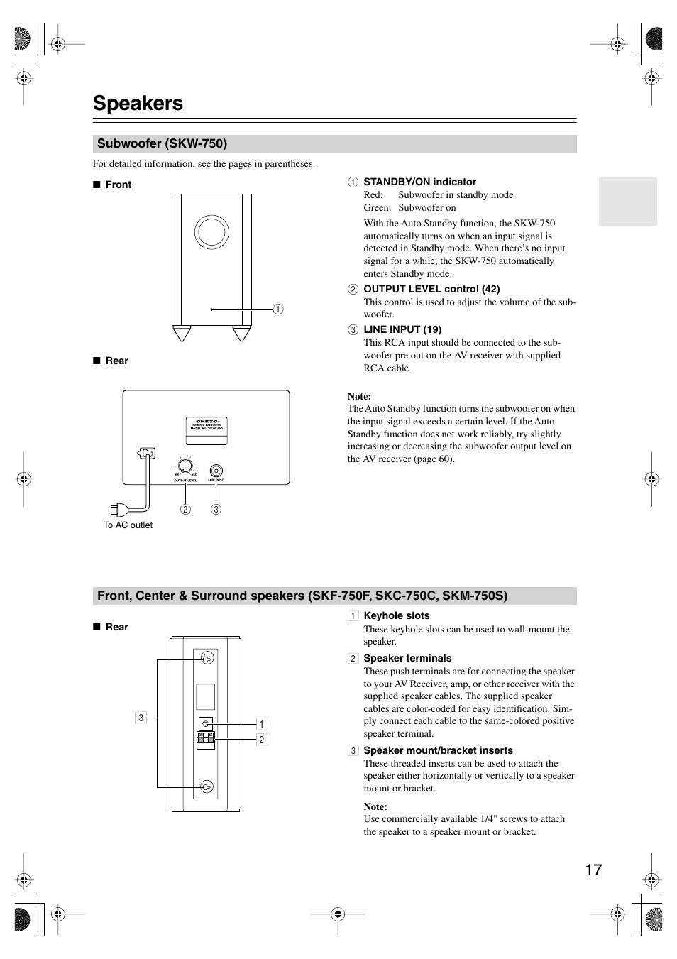 Speakers, Subwoofer (skw-750) | Onkyo HT-SP904 User Manual | Page 17 / 72