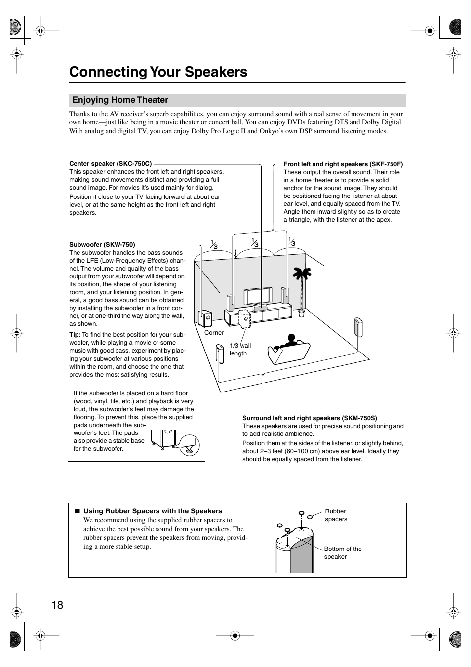 Connecting your speakers, Enjoying home theater, Connection | Onkyo HT-SP904 User Manual | Page 18 / 72