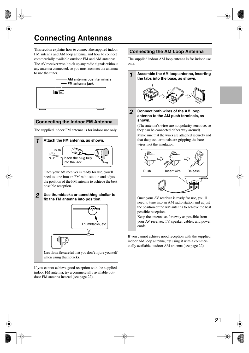 Connecting antennas, Connecting the indoor fm antenna, Connecting the am loop antenna | Onkyo HT-SP904 User Manual | Page 21 / 72