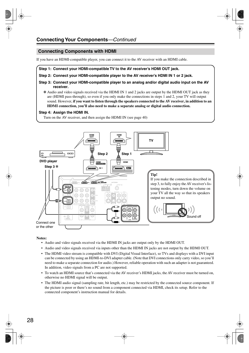 Connecting components with hdmi, Components with hdmi, Connecting your components —continued | Step 2 | Onkyo HT-SP904 User Manual | Page 28 / 72