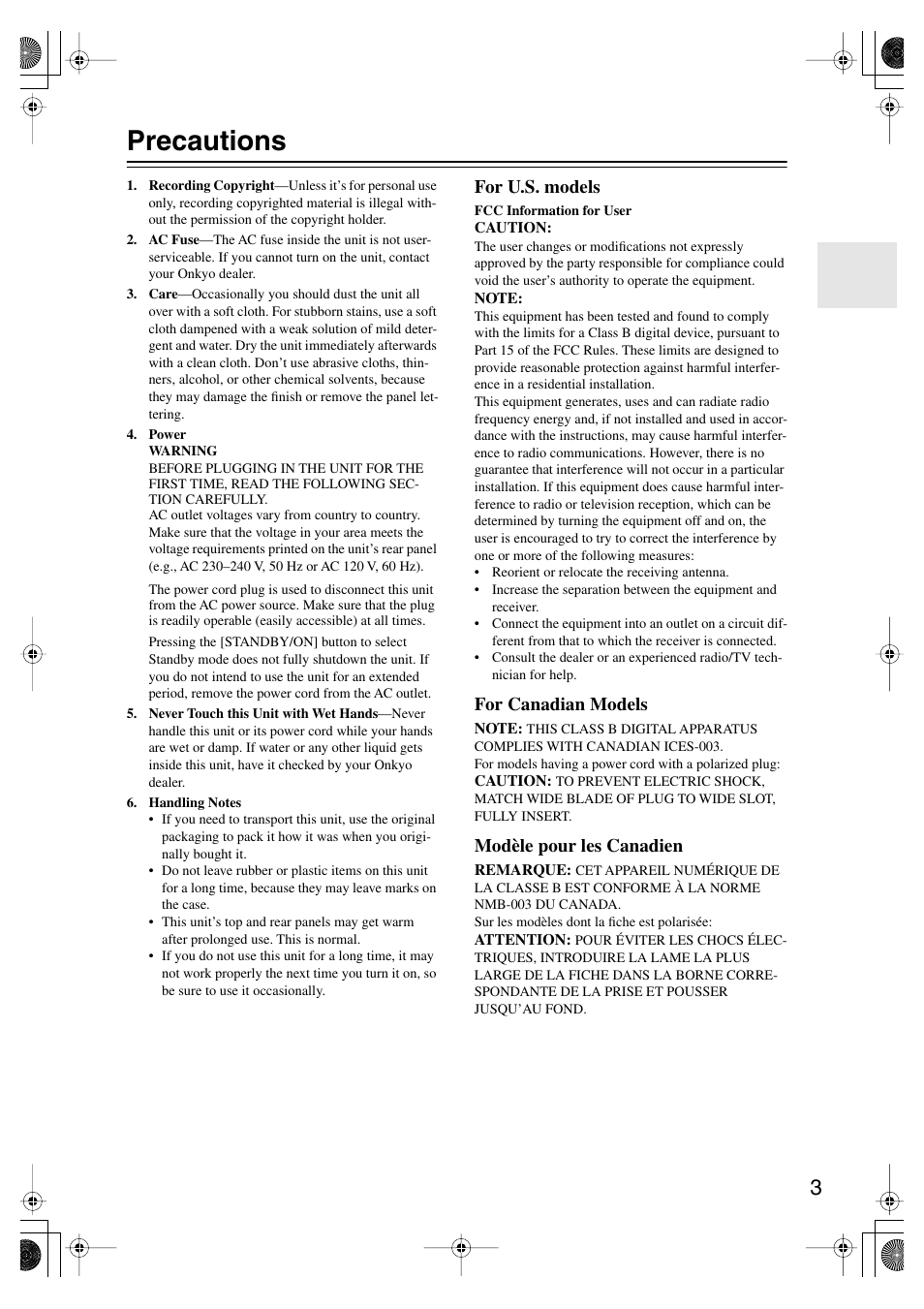 Precautions, For u.s. models, For canadian models | Modèle pour les canadien | Onkyo HT-SP904 User Manual | Page 3 / 72