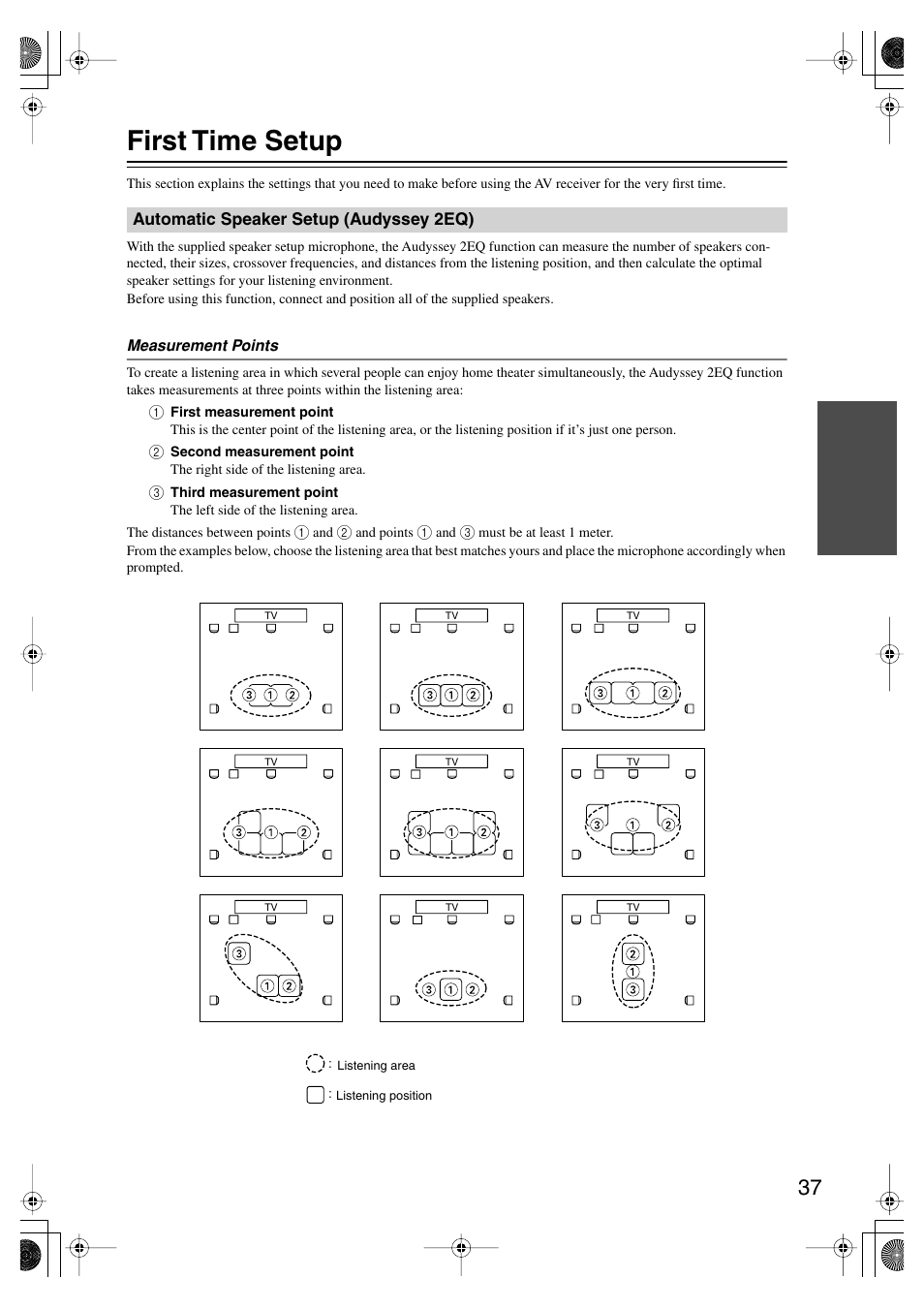 First time setup, Automatic speaker setup (audyssey2eq), Automatic speaker setup | Audyssey 2eq), Y indicator (37) | Onkyo HT-SP904 User Manual | Page 37 / 72