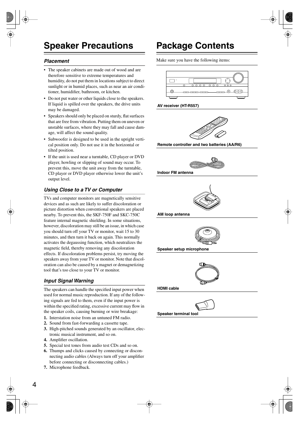 Speaker precautions, Package contents | Onkyo HT-SP904 User Manual | Page 4 / 72