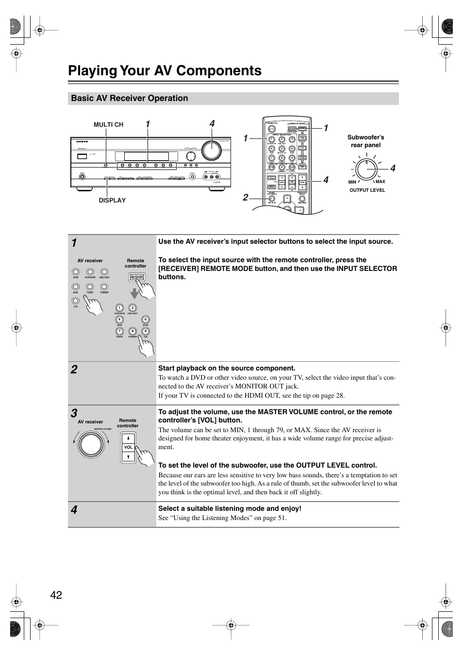 Playing your av components, Basic av receiver operation, Uttons (42) | Ol (42), Utton (42) | Onkyo HT-SP904 User Manual | Page 42 / 72