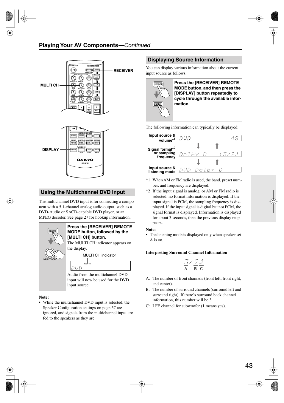 Using the multichannel dvd input, Displaying source information, Utton (43) | Playing your av components —continued | Onkyo HT-SP904 User Manual | Page 43 / 72