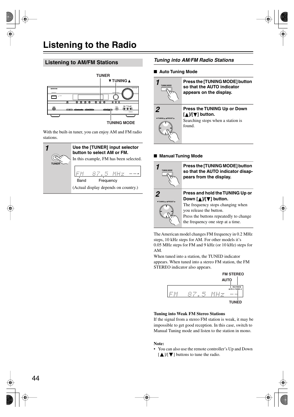 Listening to the radio, Listening to am/fm stations, Utton (44) | Fm stereo (44), Tuned (44) | Onkyo HT-SP904 User Manual | Page 44 / 72