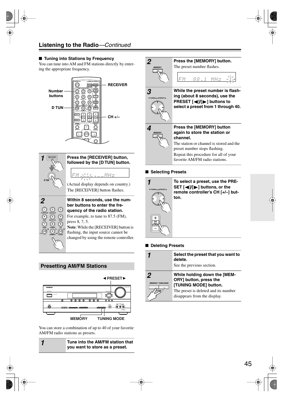 Presetting am/fm stations, Utton (45), Uttons (45) | Listening to the radio —continued | Onkyo HT-SP904 User Manual | Page 45 / 72