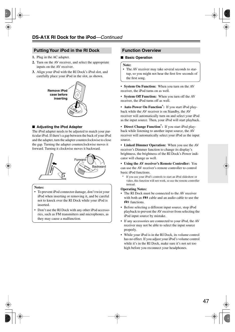 Putting your ipod in the ri dock, Function overview, Ds-a1x ri dock for the ipod —continued | Onkyo HT-SP904 User Manual | Page 47 / 72