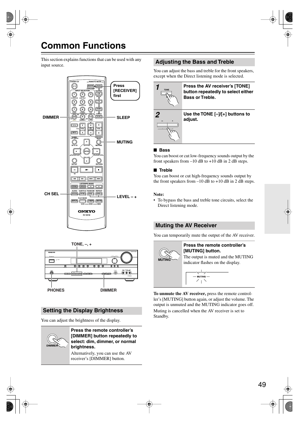 Common functions, Setting the display brightness, Adjusting the bass and treble | Muting the av receiver, Uttons (49), Utton (49), Muting indicator (49), Use the tone [–]/[+] buttons to adjust | Onkyo HT-SP904 User Manual | Page 49 / 72