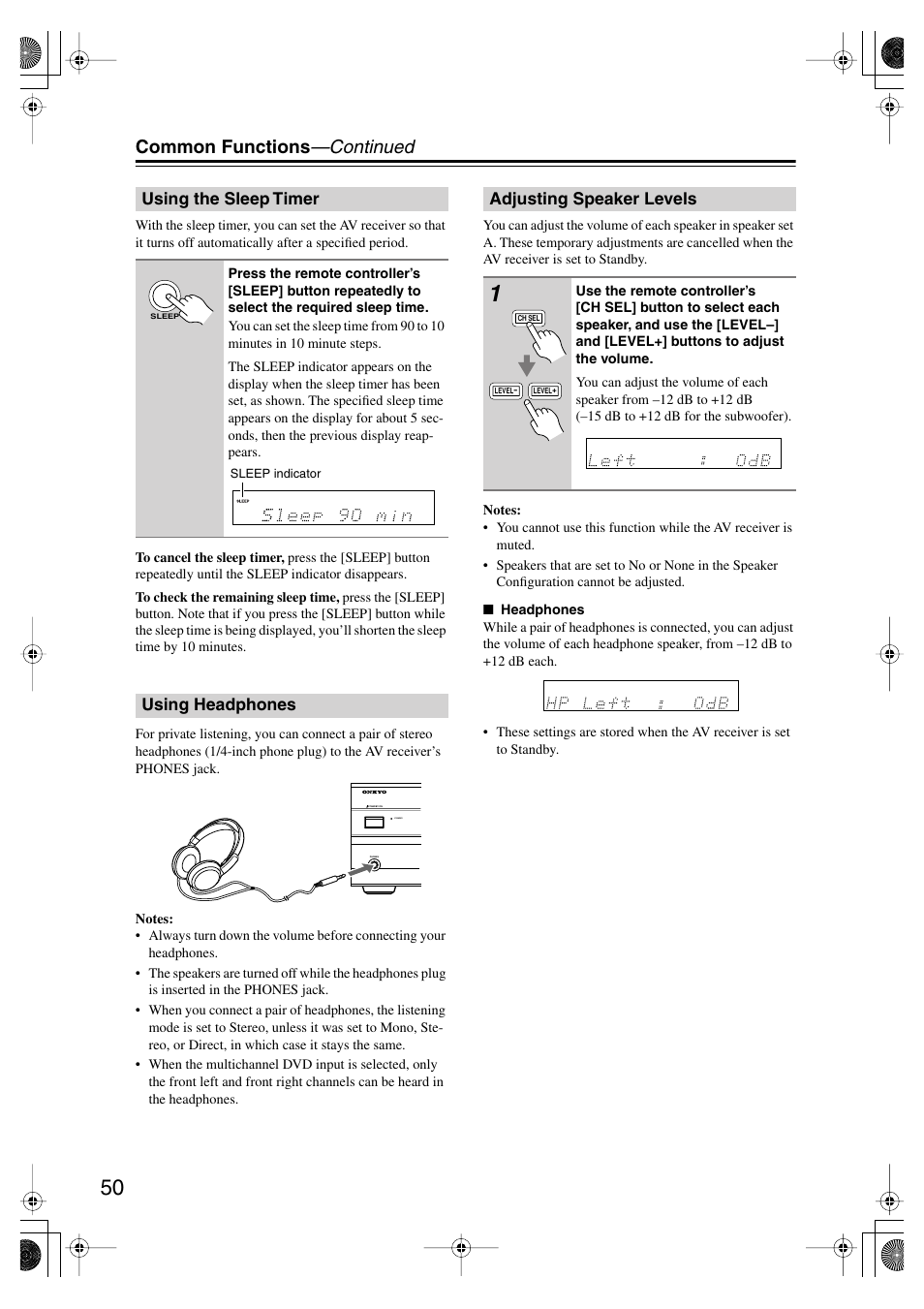 Using the sleep timer, Using headphones, Adjusting speaker levels | K (50), Sleep indicator (50), Uttons (50, Utton (50), Common functions —continued | Onkyo HT-SP904 User Manual | Page 50 / 72