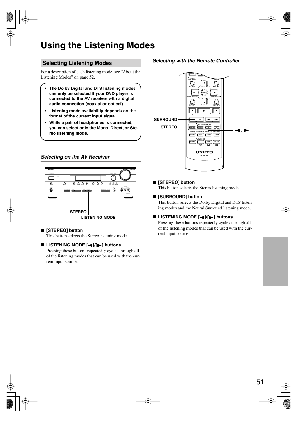 Using the listening modes, Selecting listening modes, Enjoying the listening modes | Utton (51), Uttons (51), Selecting on the av receiver, Selecting with the remote controller | Onkyo HT-SP904 User Manual | Page 51 / 72