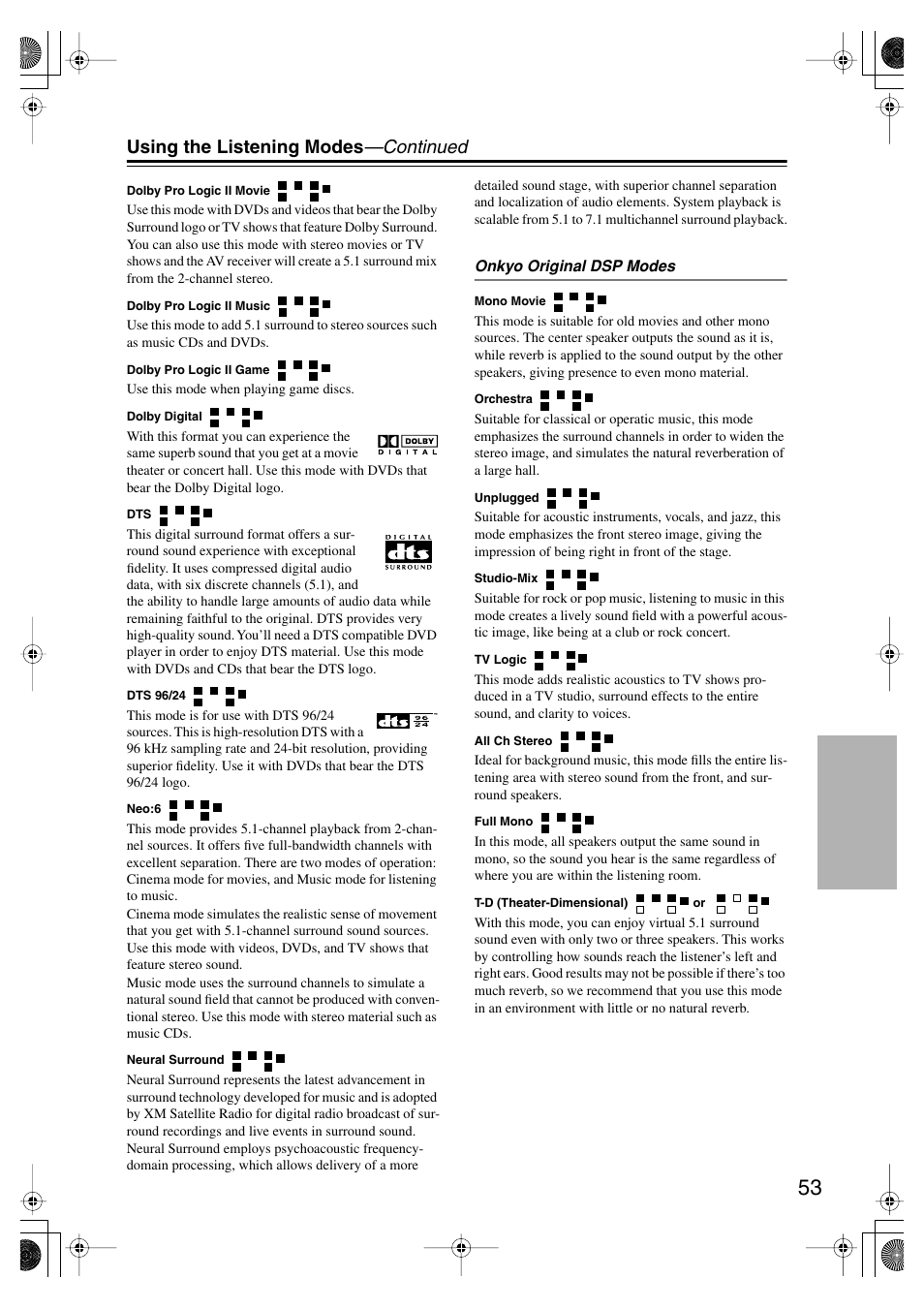 Using the listening modes —continued | Onkyo HT-SP904 User Manual | Page 53 / 72