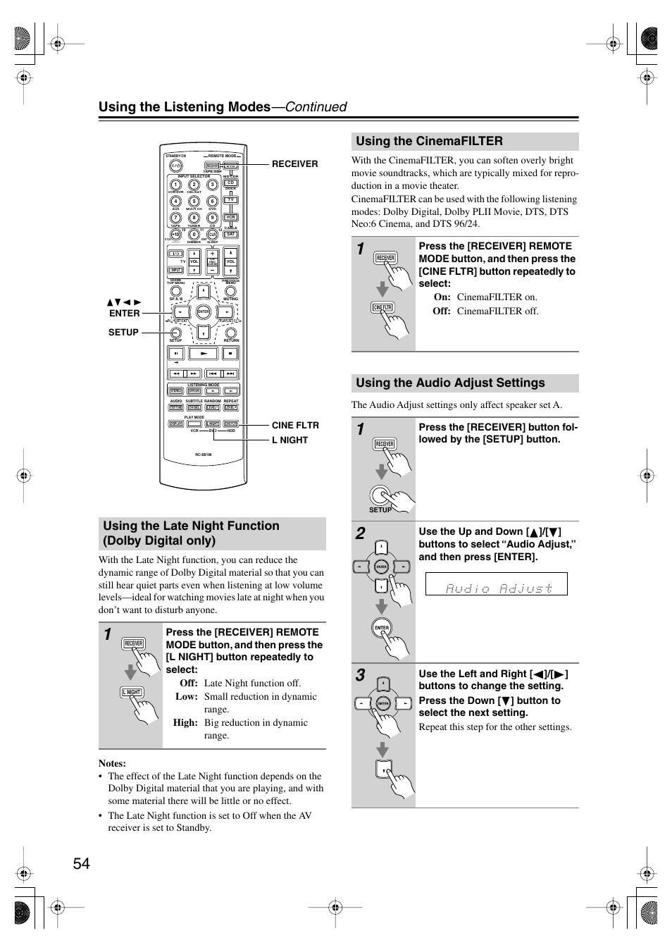 Using the late night function (dolbydigital only), Using the cinemafilter, Using the audio adjust settings | Using the late night function, Dolby digital only), Utton (54), Using the listening modes —continued, Using the late night function (dolby digital only) | Onkyo HT-SP904 User Manual | Page 54 / 72