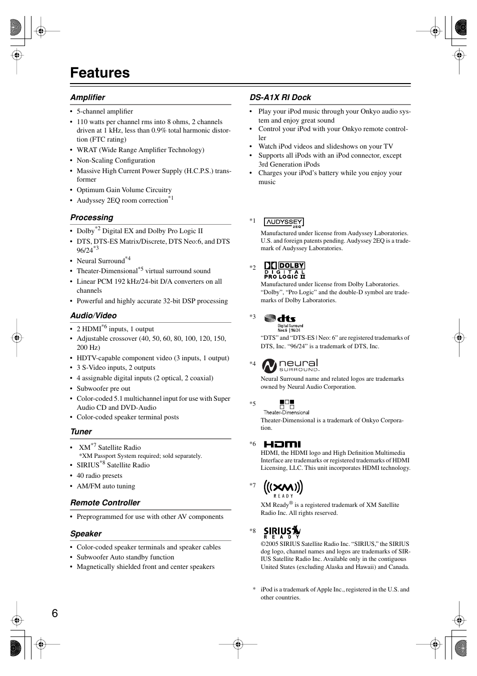 Features | Onkyo HT-SP904 User Manual | Page 6 / 72