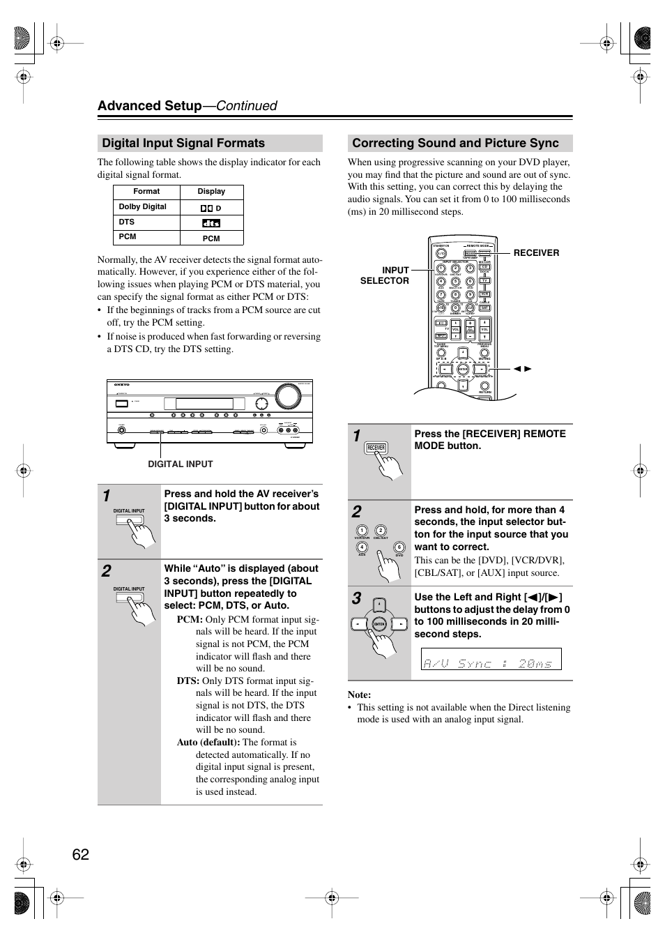 Digital input signal formats, Correcting sound and picture sync, Advanced setup —continued | Onkyo HT-SP904 User Manual | Page 62 / 72