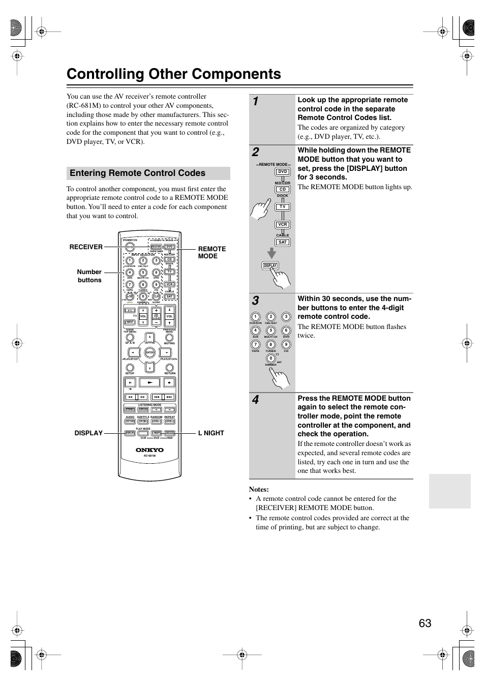 Controlling other components, Entering remote control codes | Onkyo HT-SP904 User Manual | Page 63 / 72