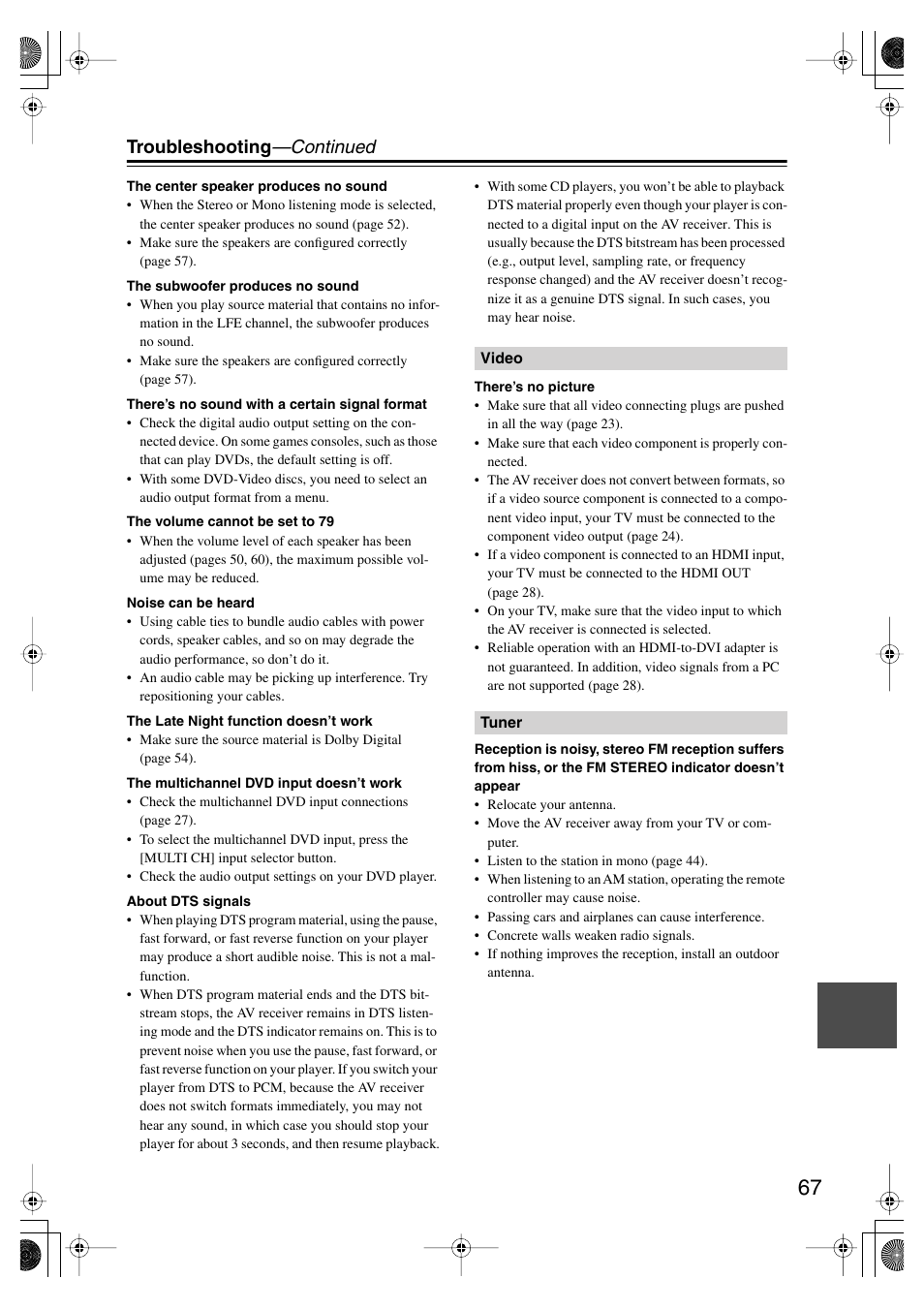 Troubleshooting —continued | Onkyo HT-SP904 User Manual | Page 67 / 72