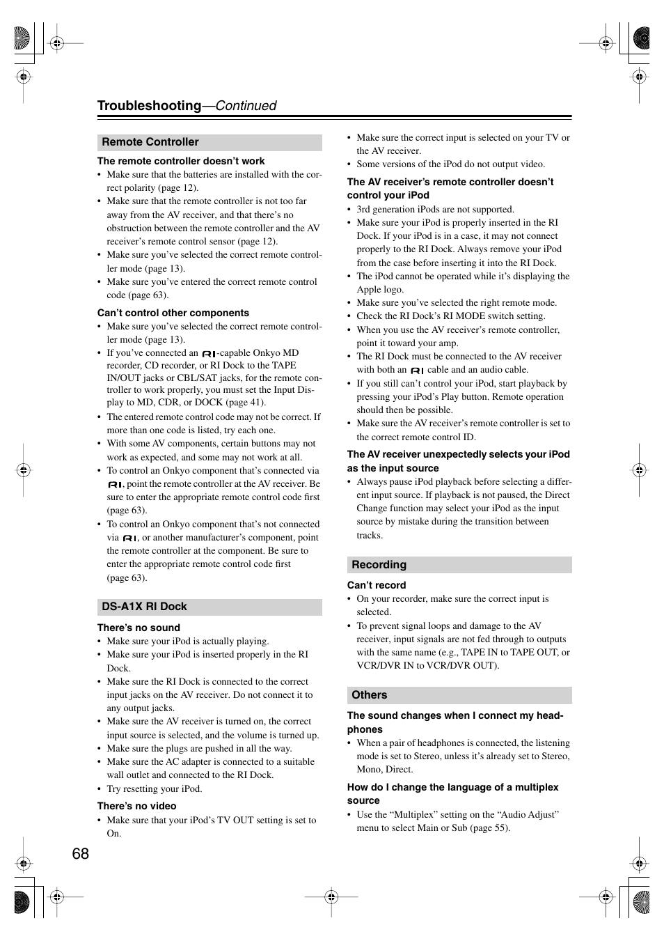 Troubleshooting —continued | Onkyo HT-SP904 User Manual | Page 68 / 72