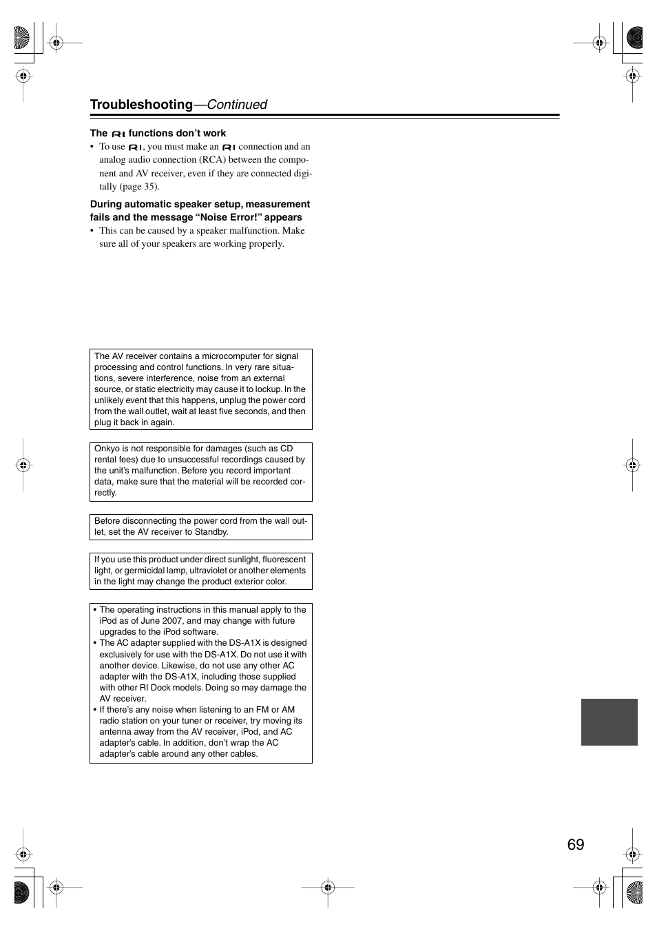 Troubleshooting —continued | Onkyo HT-SP904 User Manual | Page 69 / 72