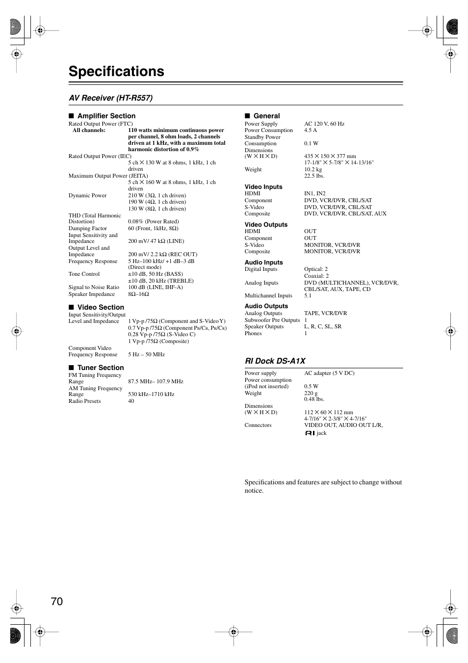 Specifications | Onkyo HT-SP904 User Manual | Page 70 / 72