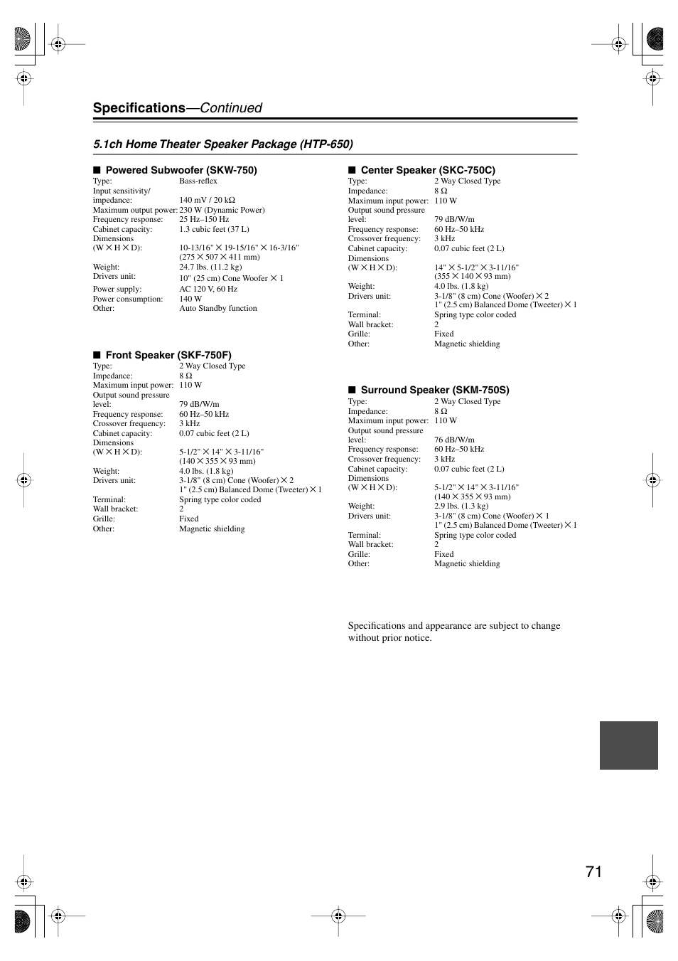 Specifications —continued | Onkyo HT-SP904 User Manual | Page 71 / 72