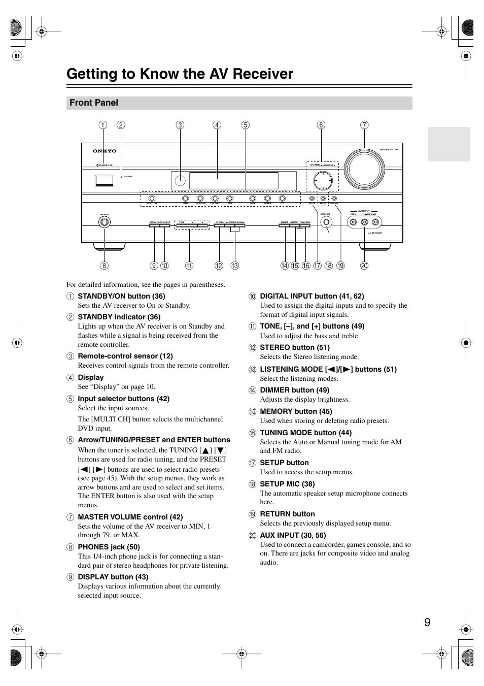 Getting to know the av receiver, Front panel | Onkyo HT-SP904 User Manual | Page 9 / 72