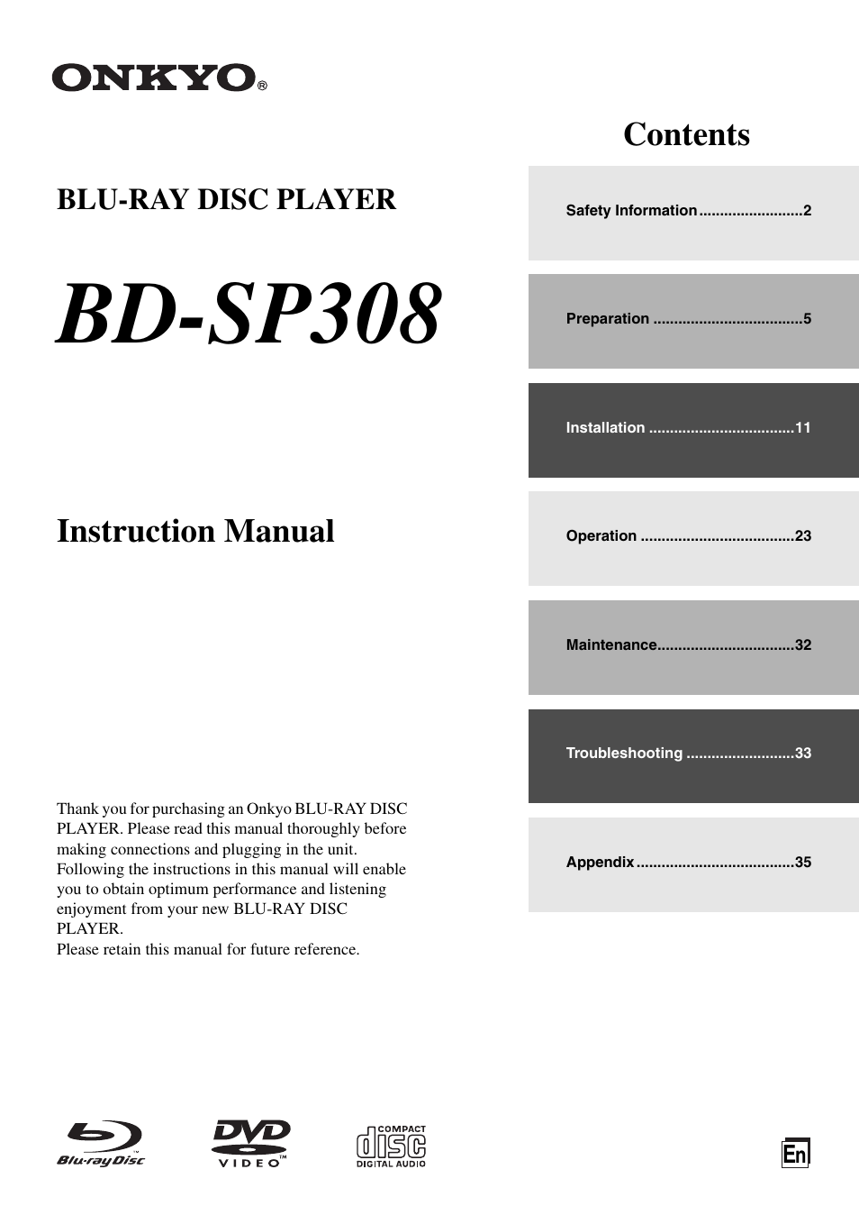 Onkyo BD-SP308 User Manual | 44 pages
