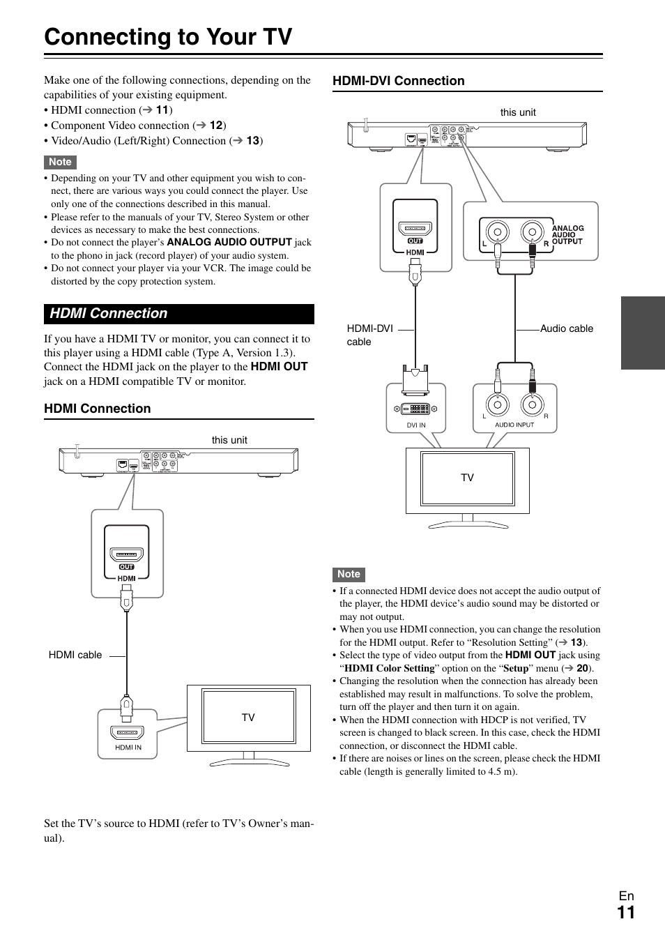 Installation, Connecting to your tv, Hdmi connection | Onkyo BD-SP308 User Manual | Page 11 / 44