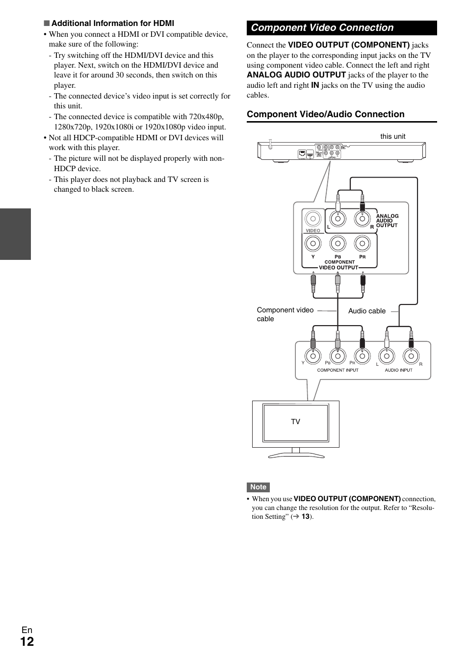 Component video connection, O connection, Component video/audio connection | Onkyo BD-SP308 User Manual | Page 12 / 44