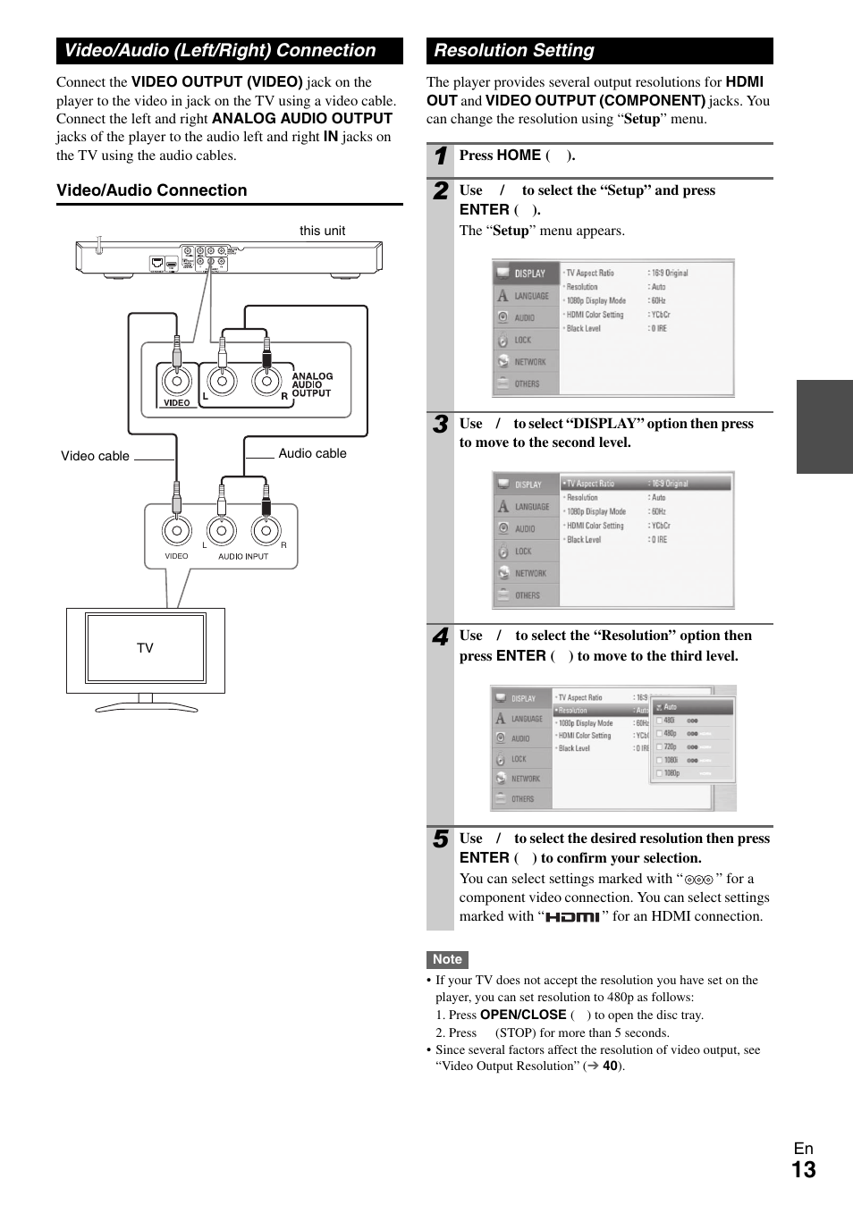 Video/audio (left/right) connection, Resolution setting, To “resolution setting | Onkyo BD-SP308 User Manual | Page 13 / 44