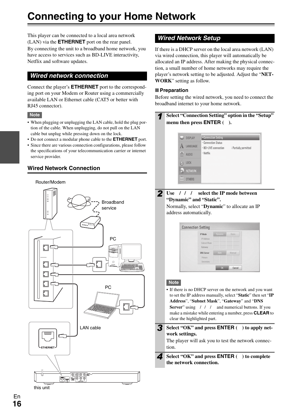 Connecting to your home network, Wired network connection, Wired network setup | Wired network connection wired network setup | Onkyo BD-SP308 User Manual | Page 16 / 44