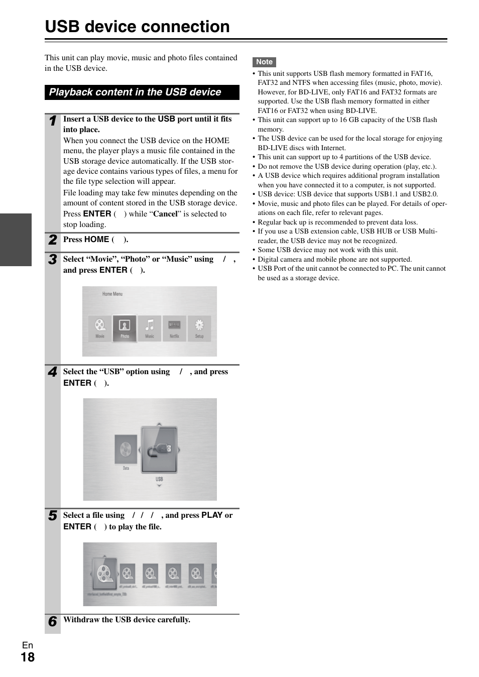 Usb device connection, Playback content in the usb device | Onkyo BD-SP308 User Manual | Page 18 / 44